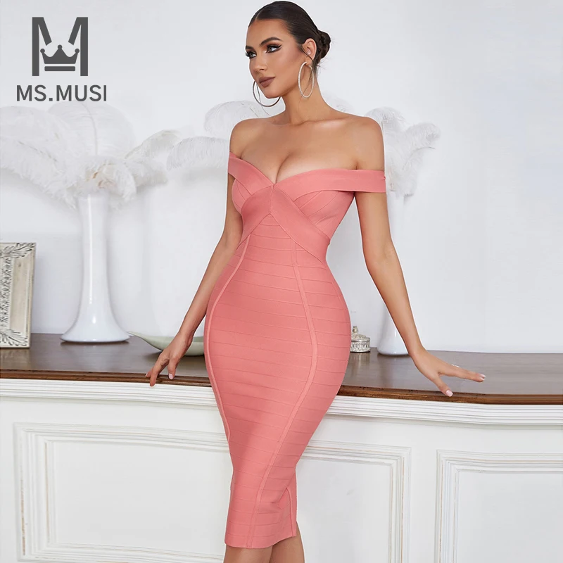 

MSMUSI 2023 New Fashion Women Sexy Off The Shoulder Stripe Sleeveless Slim Bodycon Backless Party Club Event Bandage Midi Dress