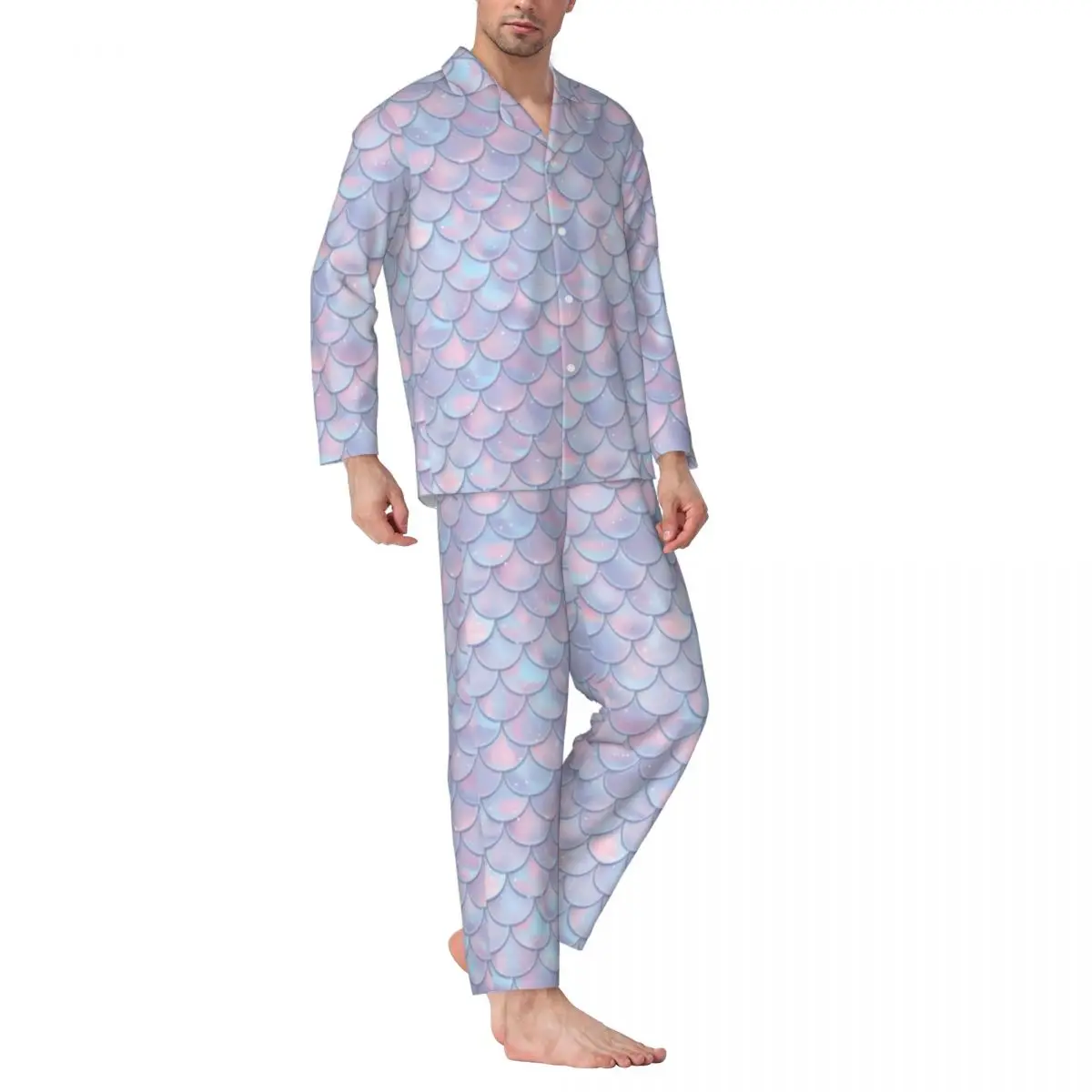 

Pink Mermaid Scale Pajamas Set Spring Fantasy Print Leisure Sleepwear Man 2 Pieces Casual Oversize Custom Nightwear Gift Idea