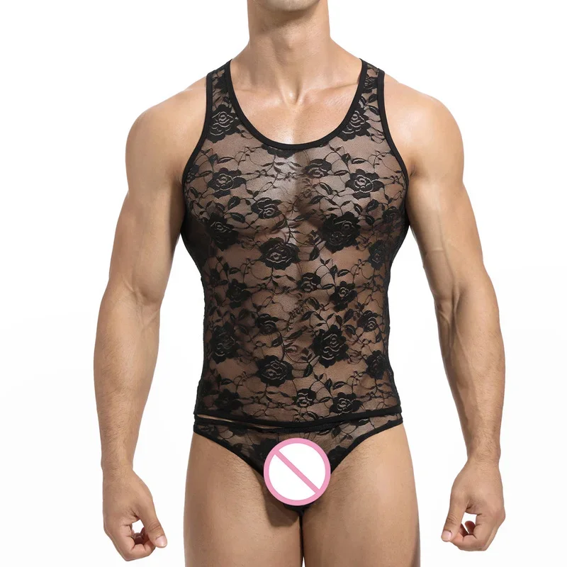 See through Sexy Mesh Men's Lingerie Costume Tank Top Gay Singlet Vest Underwear Briefs Set Transparent Lace Suits