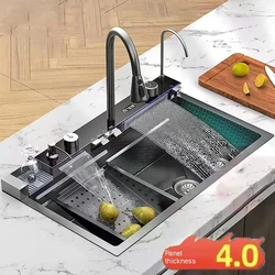 4.0MM Integrated Waterfall Kitchen Sink Honeycomb Technology Large Digitial Display Stainless Steel Soap Dispenser Cup Washer