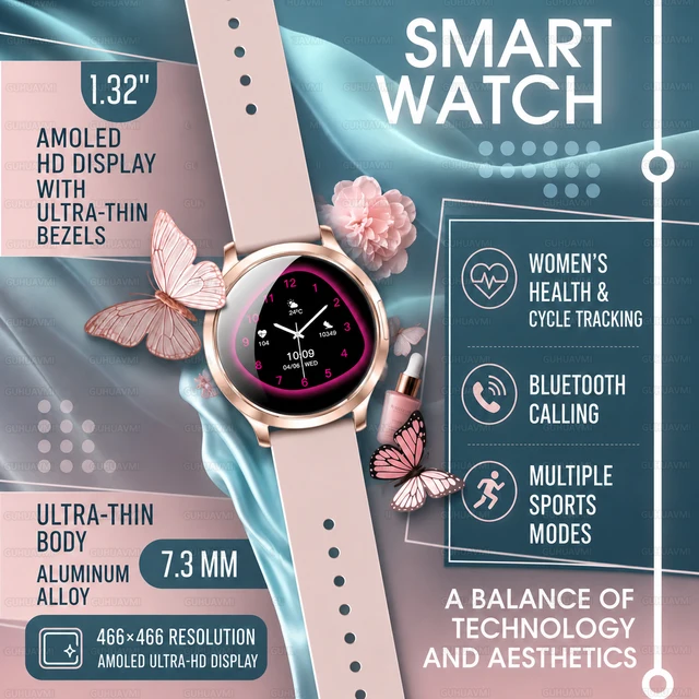 Nouvelle Montre Connectée Élégante pour Femme 2026 – Écran AMOLED HD, Appel Bluetooth, Suivi Santé, Moniteur de Sommeil, Étanche – Pour Femme 1