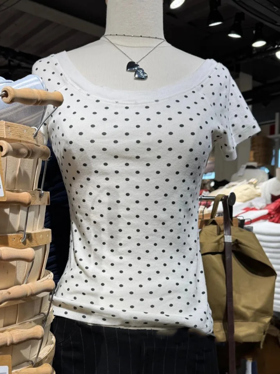 Slash Neck Short Raglan sleeve Cotton Tee Shirts Women Casual Preppy Style White Slim Tshirts Female Sweet Polka Dot T-shirt Y2K 1