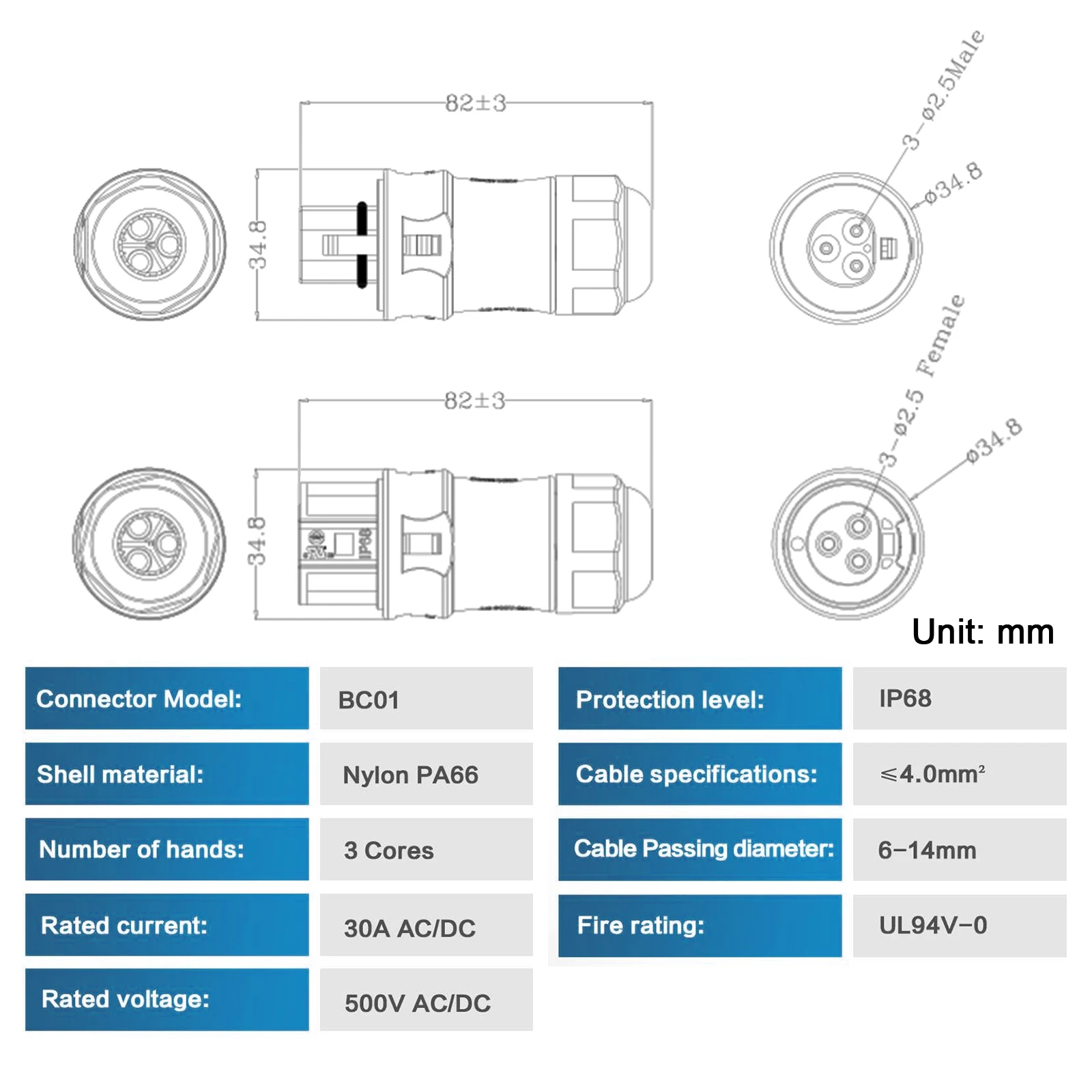 IP68 Waterproof 3-Pin Connector for Solar Grid Tie Inverters and PV Panels
