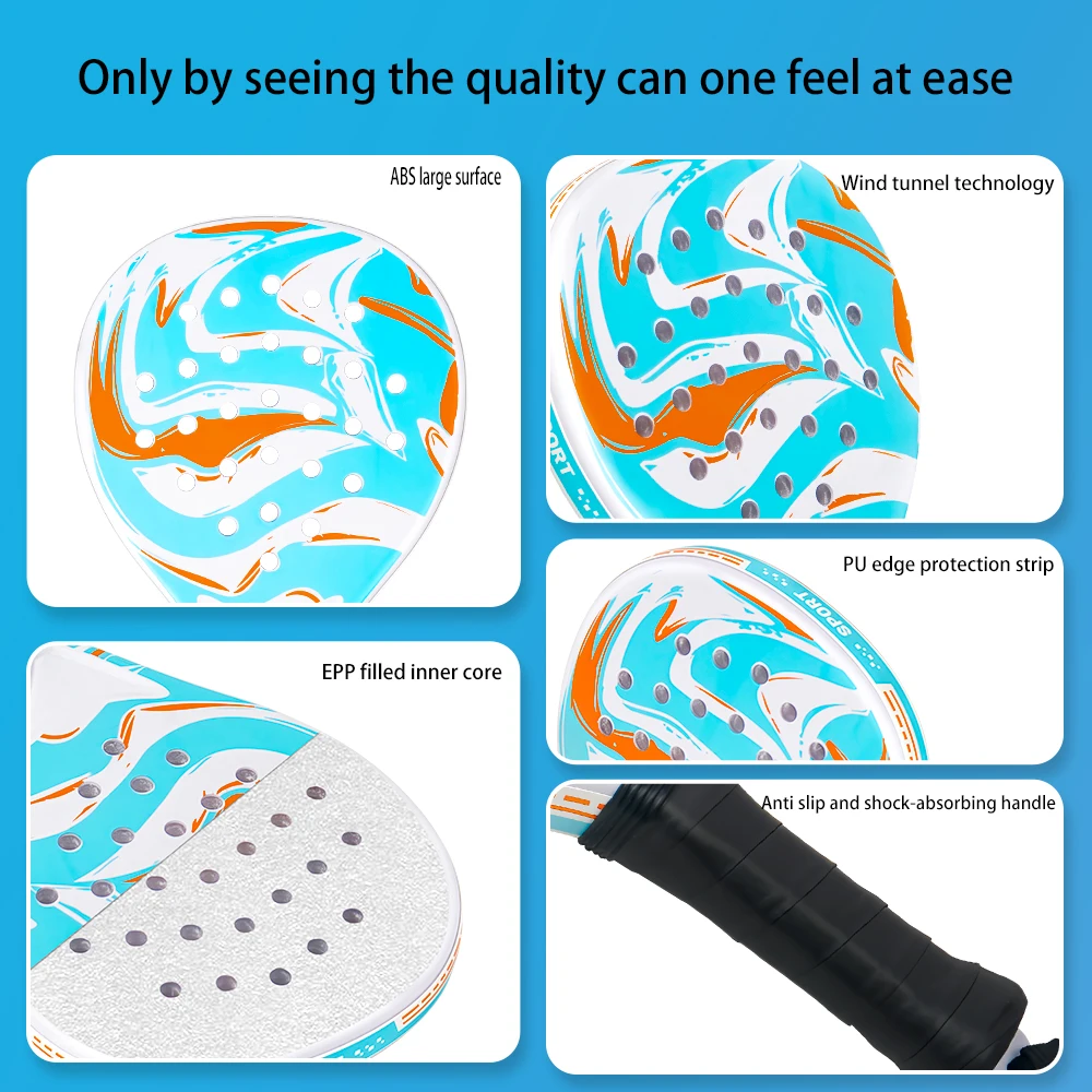 Extended length design of the tennis racket for greater leverage on serve.