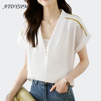 Fashion 2024 Summer Women Chiffon Shirts Loose Short Sleeve Shirt Sexy V-neck Vintage Loose White Blouse Casual Female Tops