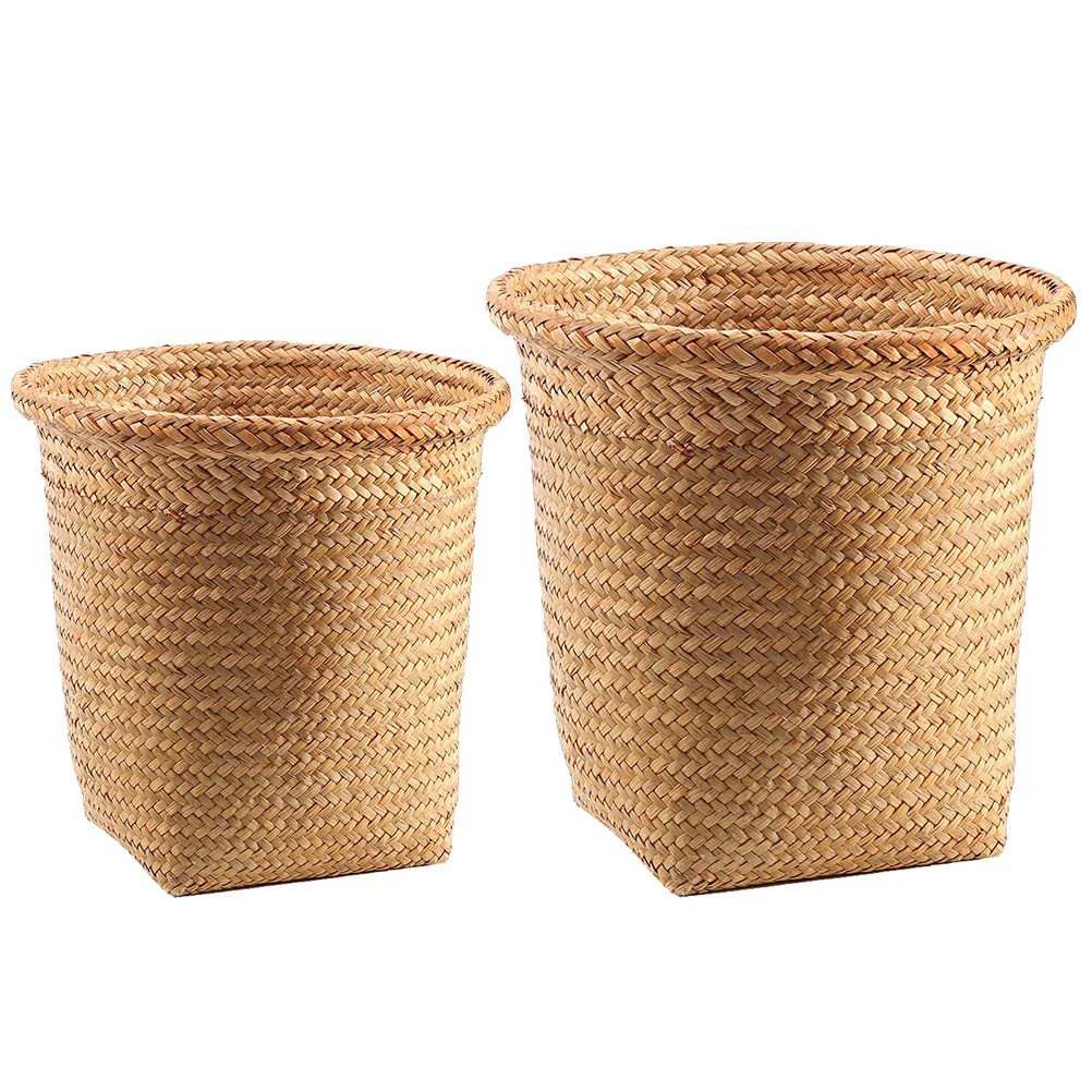 

2 Pcs Sundries Storage Basket Kitchen Draining Bins Car Trash Toy Outdoor Home Straw Woven Child Banquet