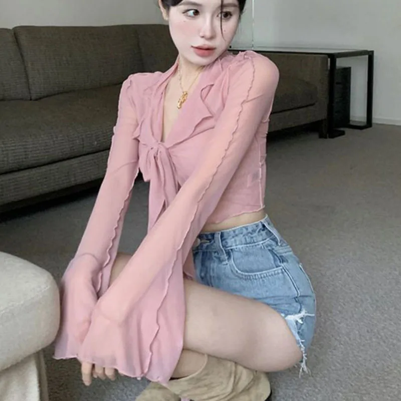 Sexy Hot Girls Blouses for Women Sweet Lace-Up Mesh Pink Flare Sleeve Shirt Female Korean Fashion All-Match Solid Cropped Shirts
