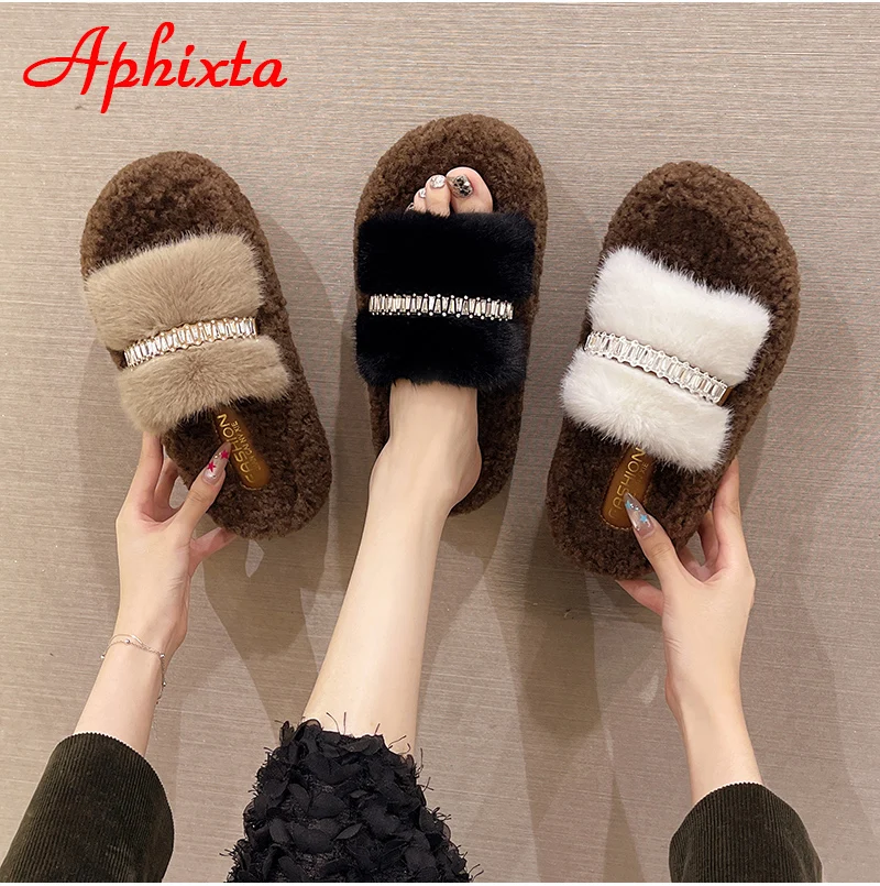 Aphixta 4.5cm Platform Women Warm Cotton Slippers Flat With Bling Shoes Open Toe Slip On Fashion Ladies Shoes