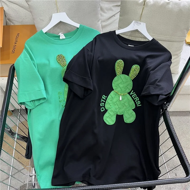 Luxury Crystal Cartoon Embroidery Knit Rabbit T Shirts Streetwear