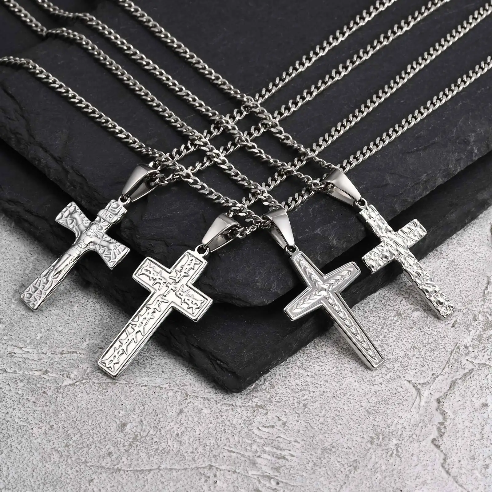 Fashion Christ Cross Necklace for Men,Silver Color Stainless Steel Cross Metal Pendant with Cuban Link Chain,Male Jewelry Gift
