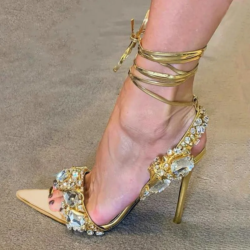 

FHANCHU 2023 New Women Diamond Sandals,High Heels Summer Shoes,Ankle Straps,Europea Style,Big Size,35-42,Gold,Silver,Dropship