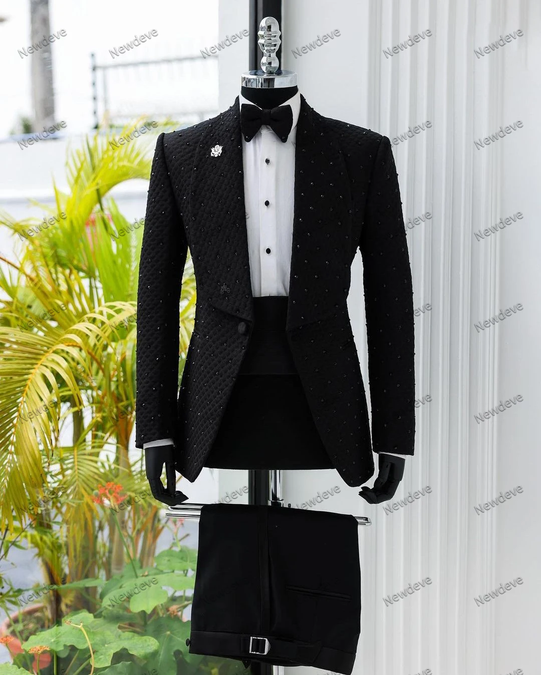 Modern Men's Suits Tailored 2 Pieces Blazer Pants One Button Wide Lapel Beads Plus Size Wedding Formal Tuxedo Made