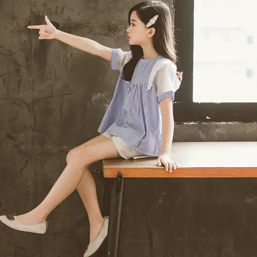 2026 summer Teens Girls Clothes Kids striped Ruffle lace mesh Top blouse t shirt + Leisure shorts Pants 4 6 7 9 10 11 12 14 Year - Image 5