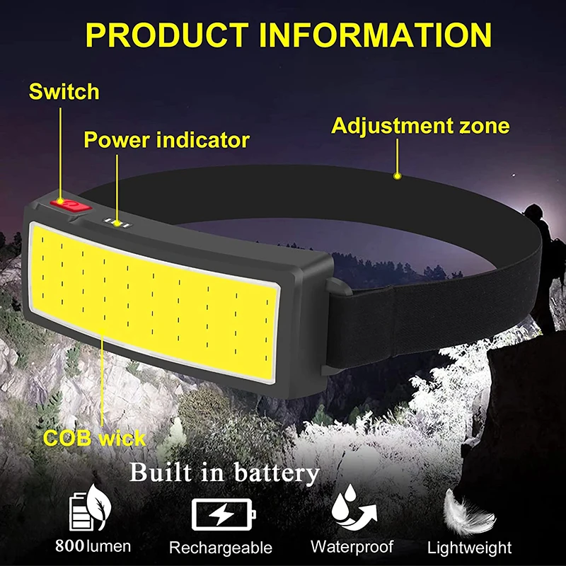 새로운 업그레이드 휴대용 LED 헤드 램프 내장 1200mah 배터리 COB 헤드 라이트 USB-C 충전식 방수 토치 캠핑 손전등