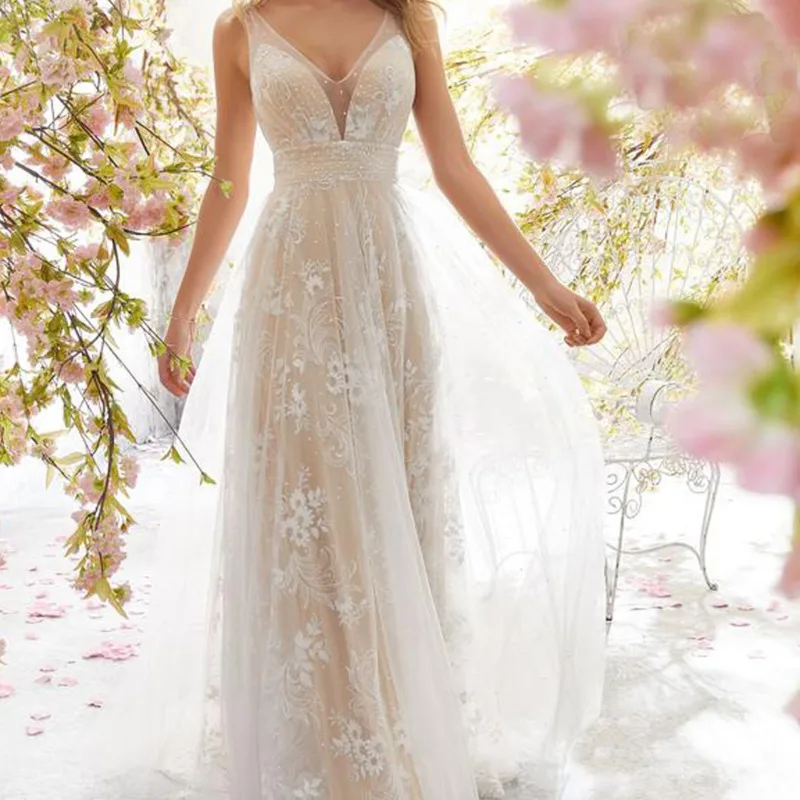 H009 Long Wedding Dress Lace V-Neck Open Back White Sleeveless Slim Fit Fashion Limited discount for muslim women cheap modest