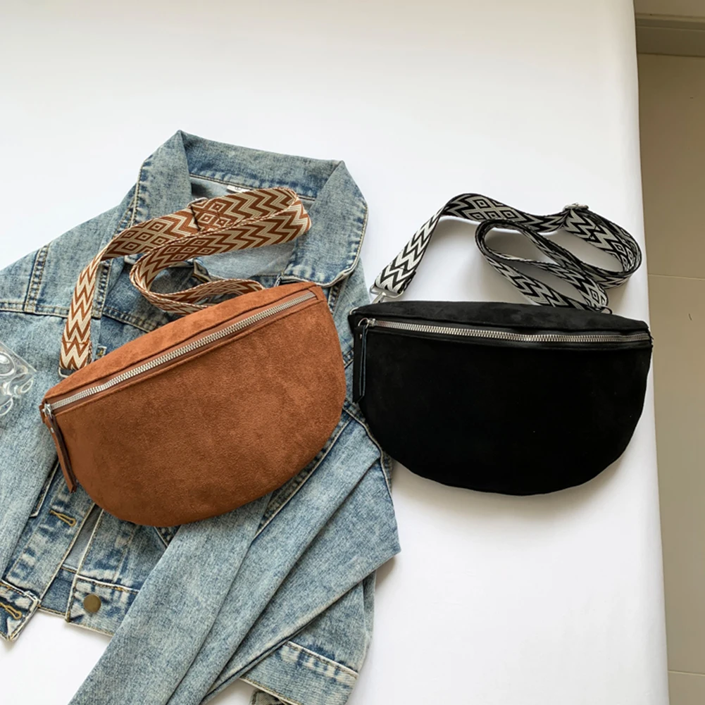 Women Faux Suede Crossbody Bag Wide Patterned Strap Shoulder Bag Solid Color Sling Bag for Work Travel