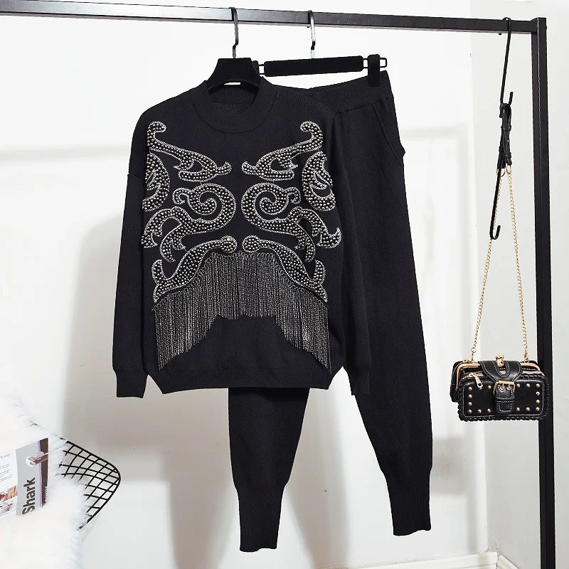 

2023 New Autumn Women Two-piece Set Luxury Beading Tassel Pullover Sweater Knitted Top + Stretch Knit Harem Pants Casual Suits