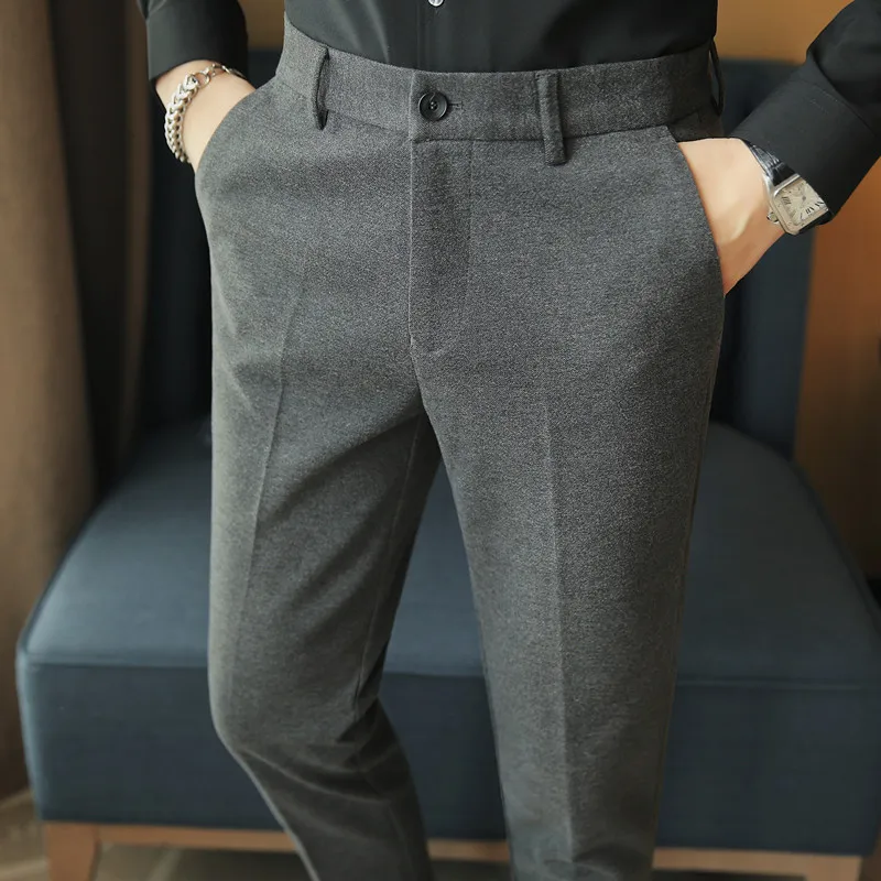 Tweed Long Suit Pants Men's Thickened 2022  Autumn and Winter New Warm Comfortable Slim Solid Color Business Casual Simple Black
