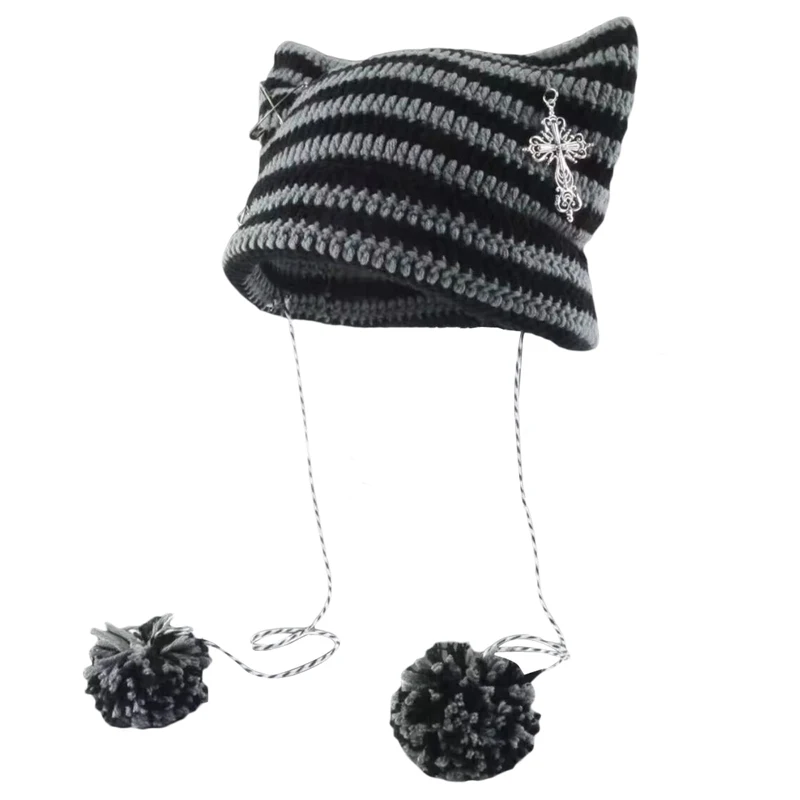 

Korean Aesthetic Vintage Grunge Crochet Striped Hats E-girl Kawaii Cross Decro Knitted Caps Autumn Winter Foldable Beanies Hat