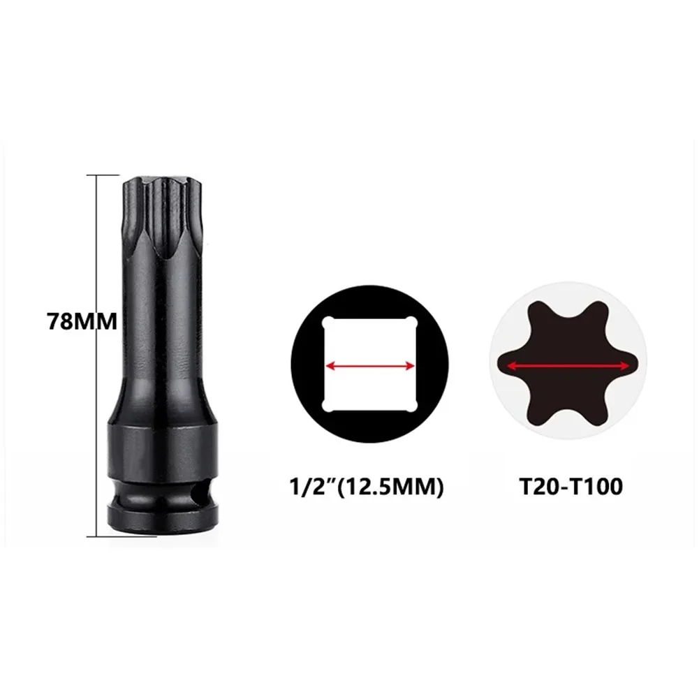 T20-T100 1/2 Inch Universal Impact Wrench Socket Adapter 78mm Torx Screwdriver Bit Impact Wrench Cordless Power Tool Accessories