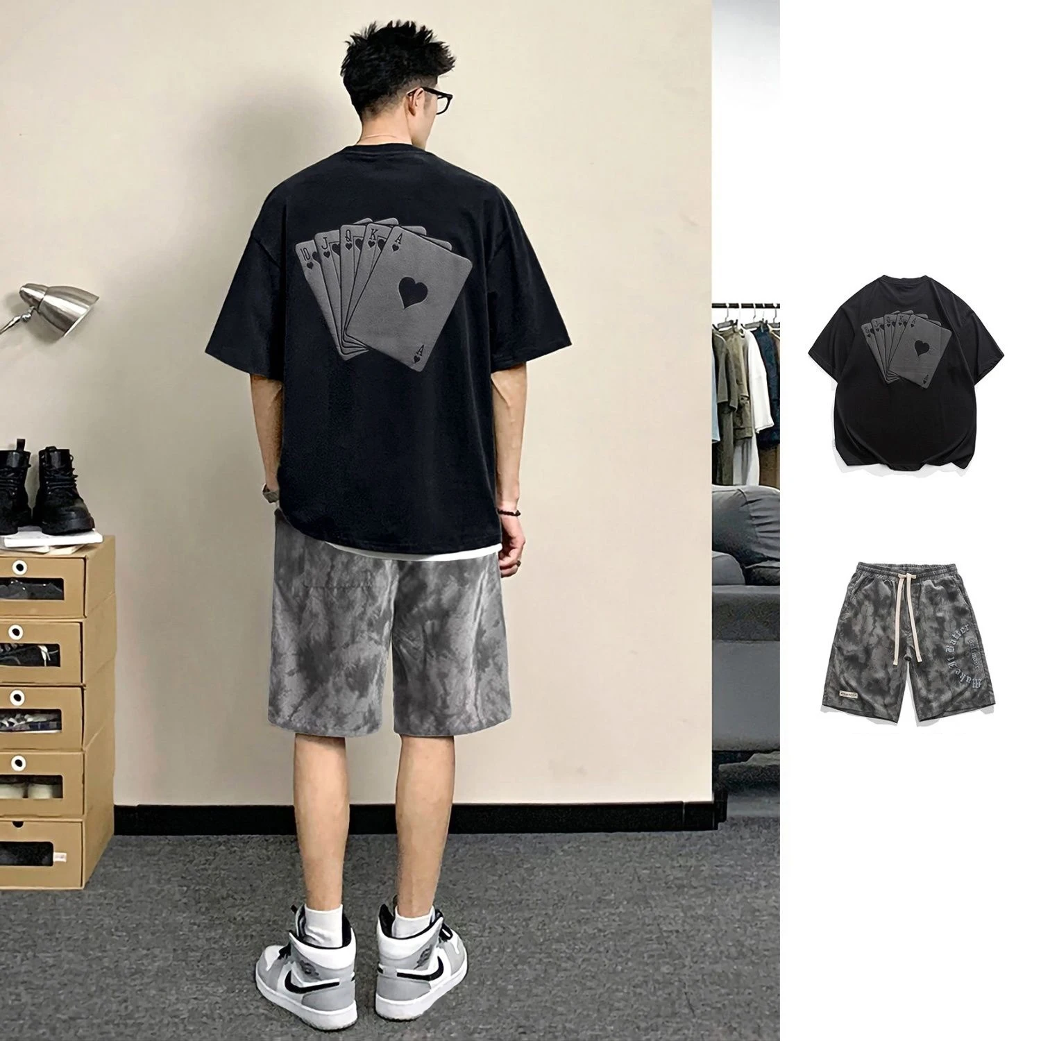 

Summer Print Pure Cotton Short Sleeve T-shirts Shorts Suit Streetwear All Match Loose Tops Man Casual Harajuku O Neck Tee