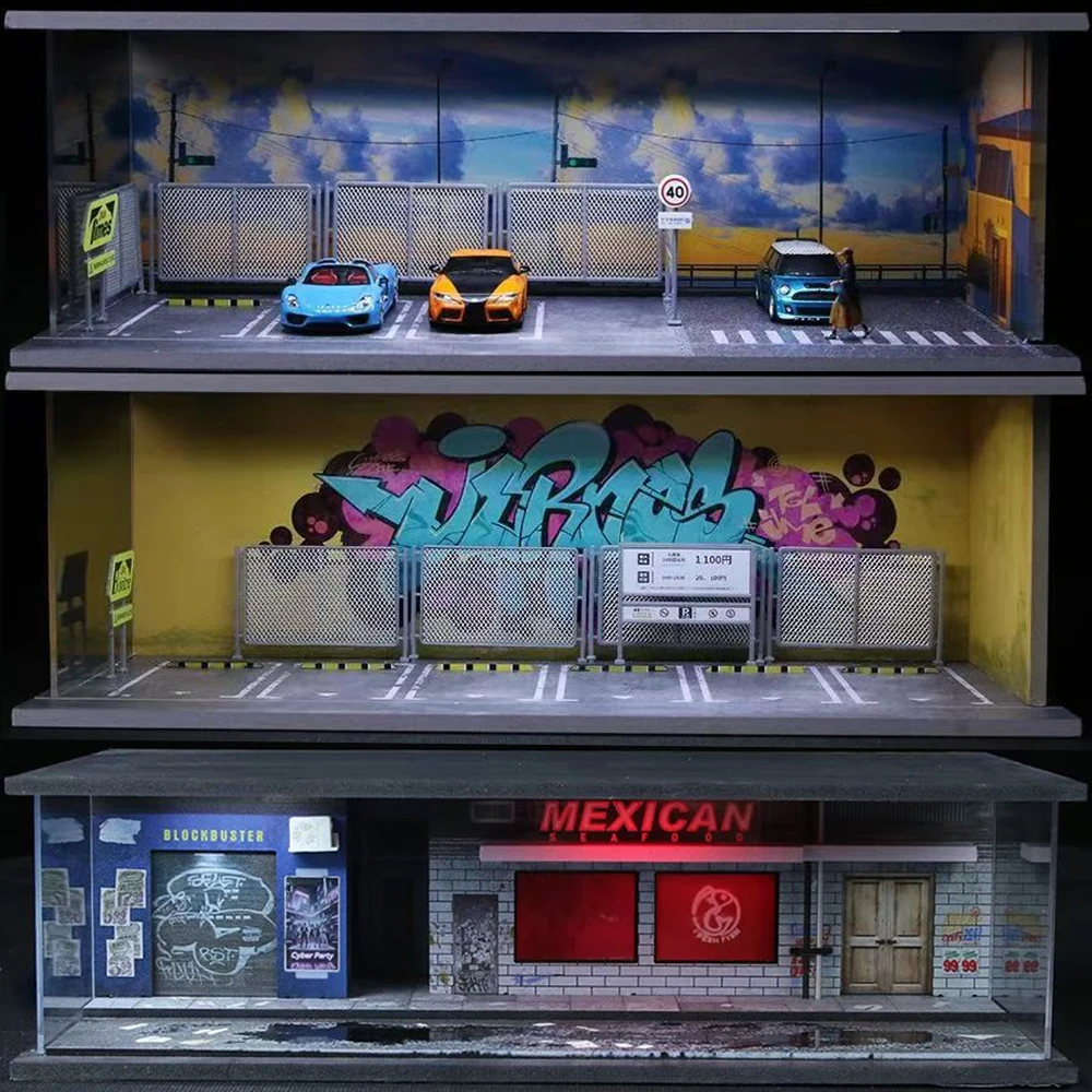 1/64 스케일 자동차 조립 디오라마 모델 주차장 장면 미니어처 디스플레이 차고 수집용 장식품