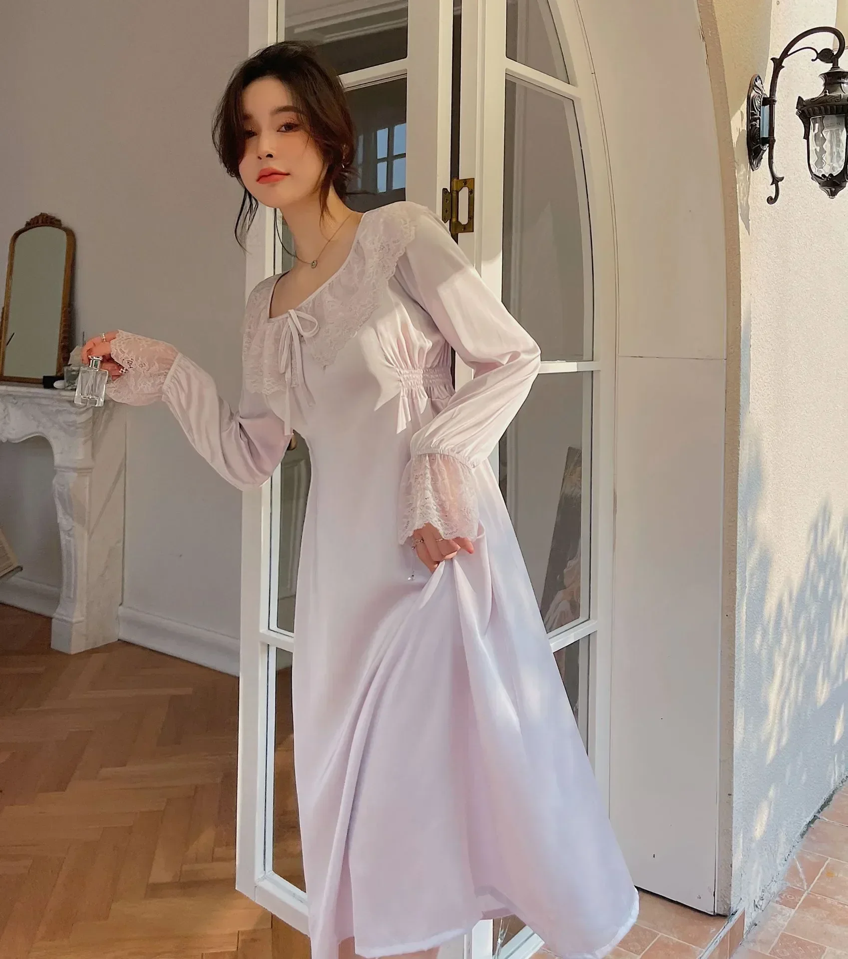

Nuisette Women Nightshirt Sleepwear Fdfklak Lace Sleeve Dress New Long Night Satin Sexy Silk Nightgowns Slim Femme