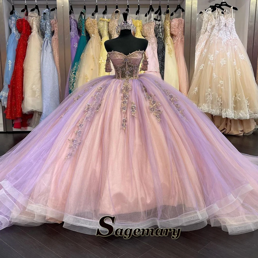 Party Dress Quinceanera Dresses Sagemary Charming Sequins Quincenera Dresses Tulle Ball Gown Off the Shoulder Lace Up Chapel Train Vestido De 15 Customized