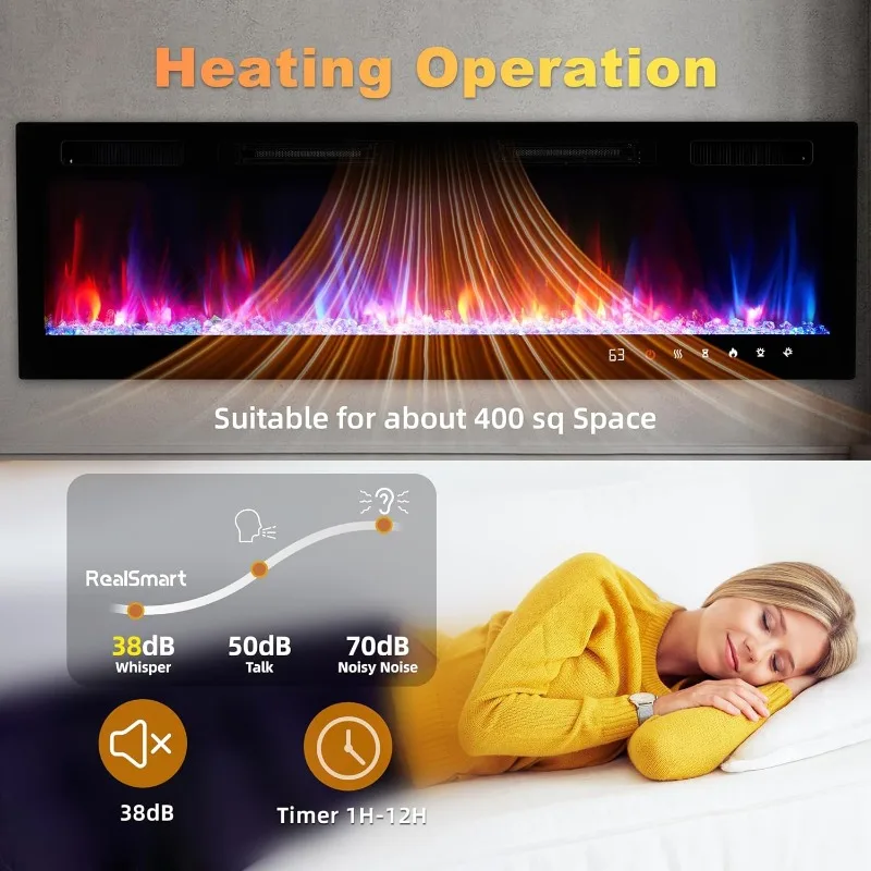 Electric Fireplace Insert 70" Realsmart 1500W Wall Mounted Electric Fireplaces Recessed Heaters,Remote Control Fireplace Screen