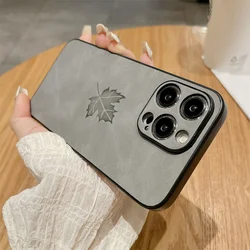 Elegant Maple Leaf Leather Pattern Phone Case with Lens Protection and Matte Finish - iPhone 13 (Gray)