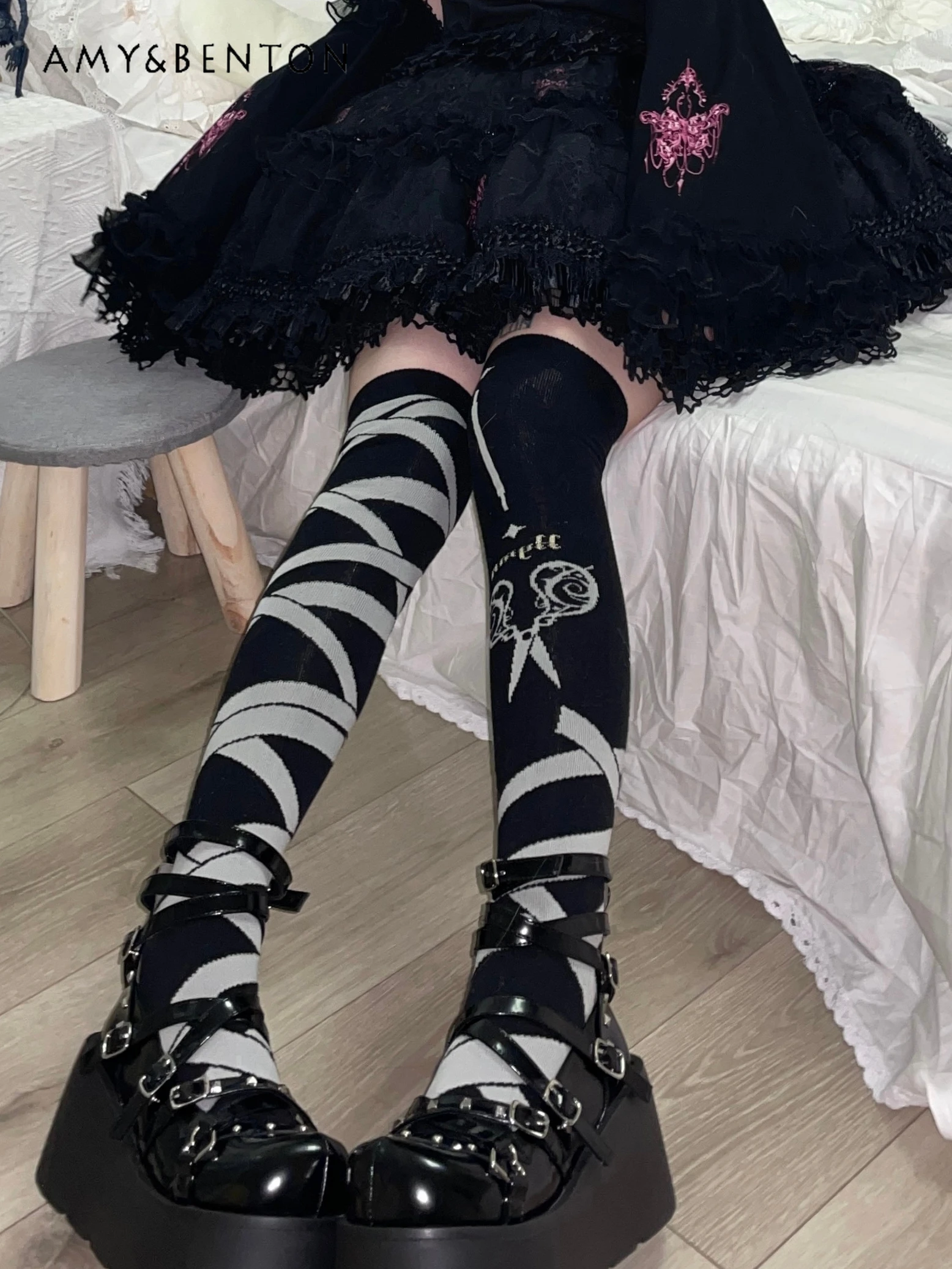 Lolita Calze Sexy Giapponese Harajuku Gothic Patchwork Colore Calze Autoreggenti Y2K Calze Lunghe Street Punk Calze Al Ginocchio