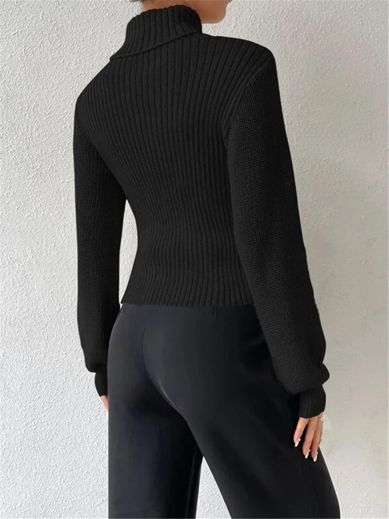 Hollow Out Knit Sweater Pullover For Women Turtleneck Fashion Ribbed High Street Long Sleeve Knitwear Loose Sweater Female