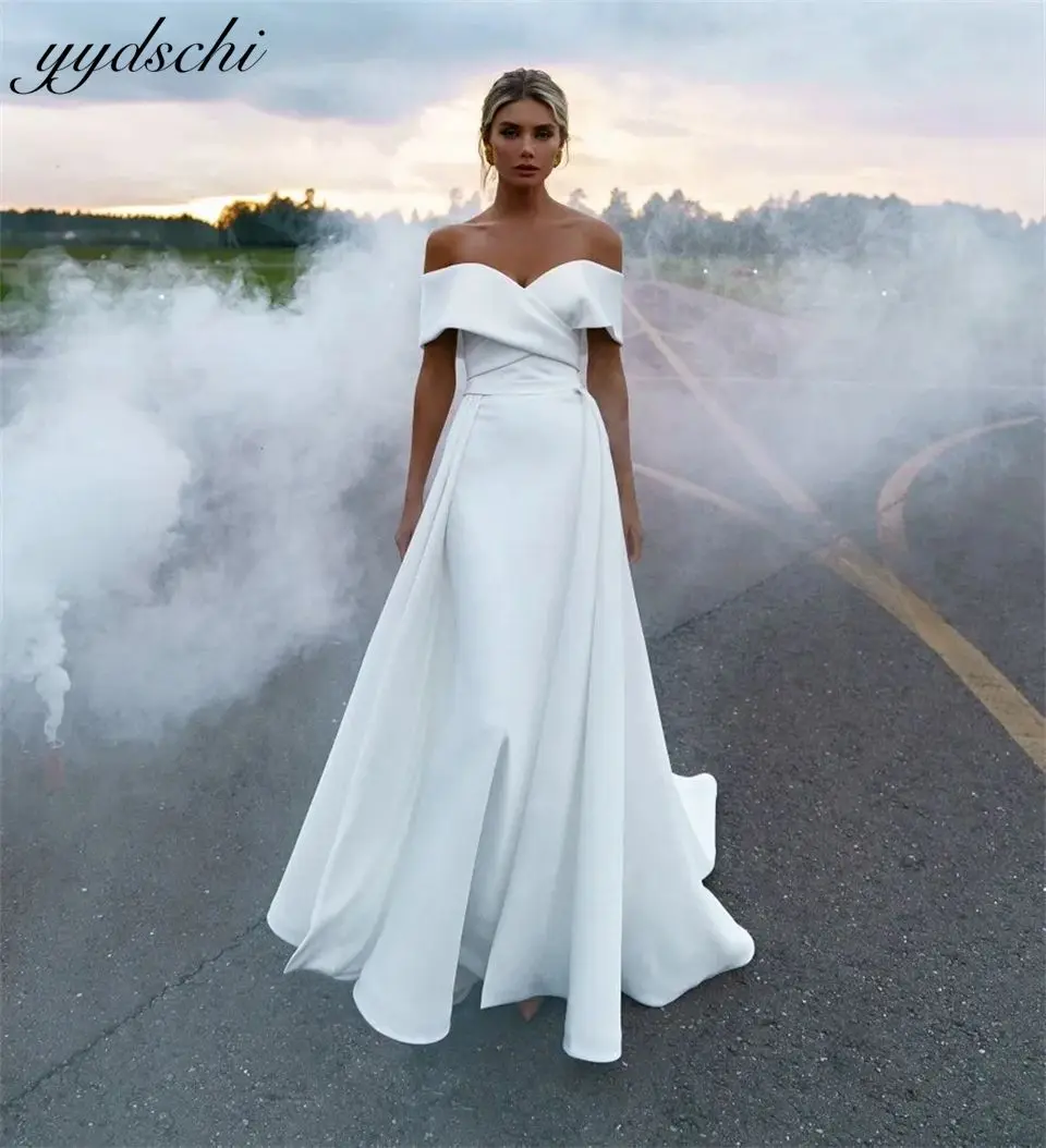 Elegant Boat Neck Off Shoulder Satin Simple Wedding Dresses 2024 Criss-Cross A-line Court Train Floor Length Bridal Gowns