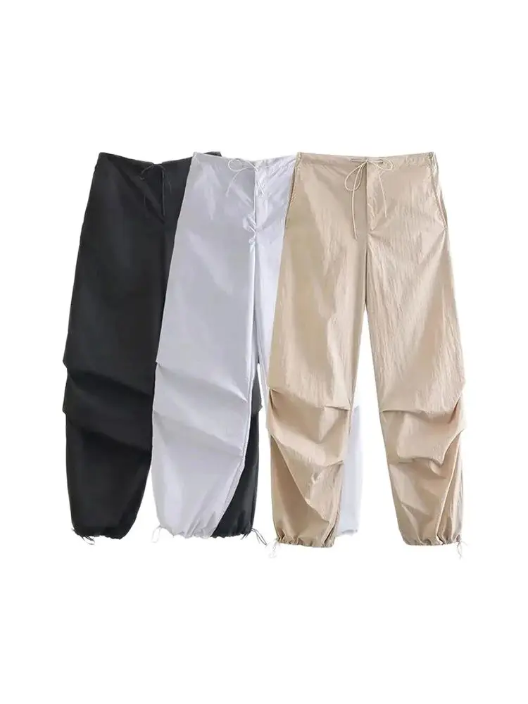 여성 패션 사이드 포켓 플리츠 니 조깅 팬츠 빈티지 하이 엘라스틱 허리 끈 여성..