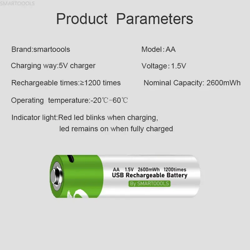 Rechargeable Lithium Batteries SMARTOOOLS USB AA 1.5V 2600 MWh
