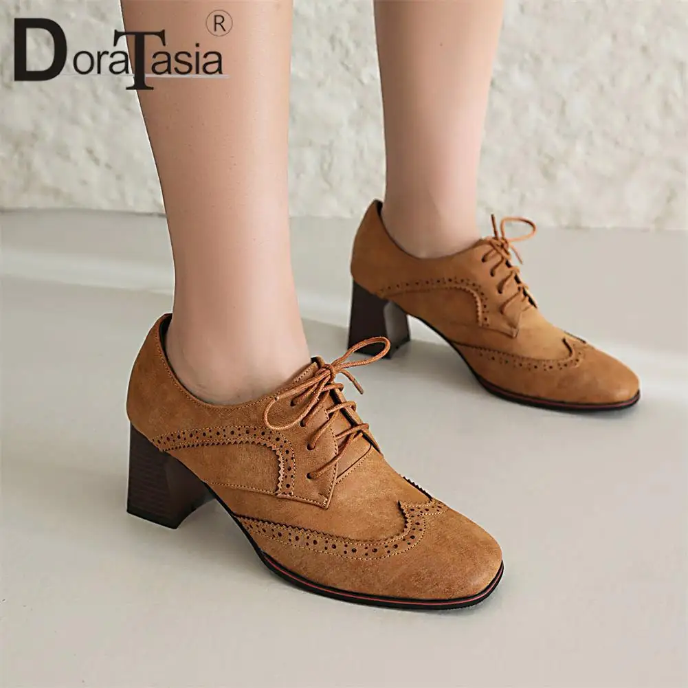 Brand New Ladies Round Toe Oxfords Pumps Fashion Lace-up Thick High Heel women's Pumps Party Office Vintage Brogue Shoes Woman