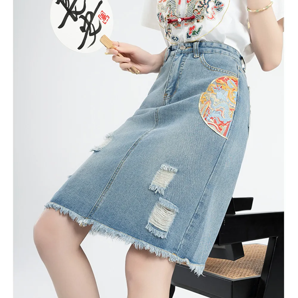 

Mid-Length Denim Skirt for Women Spring High Waist Slim Slimming National Style Embroidered A- Line Skirts Faldas Summer