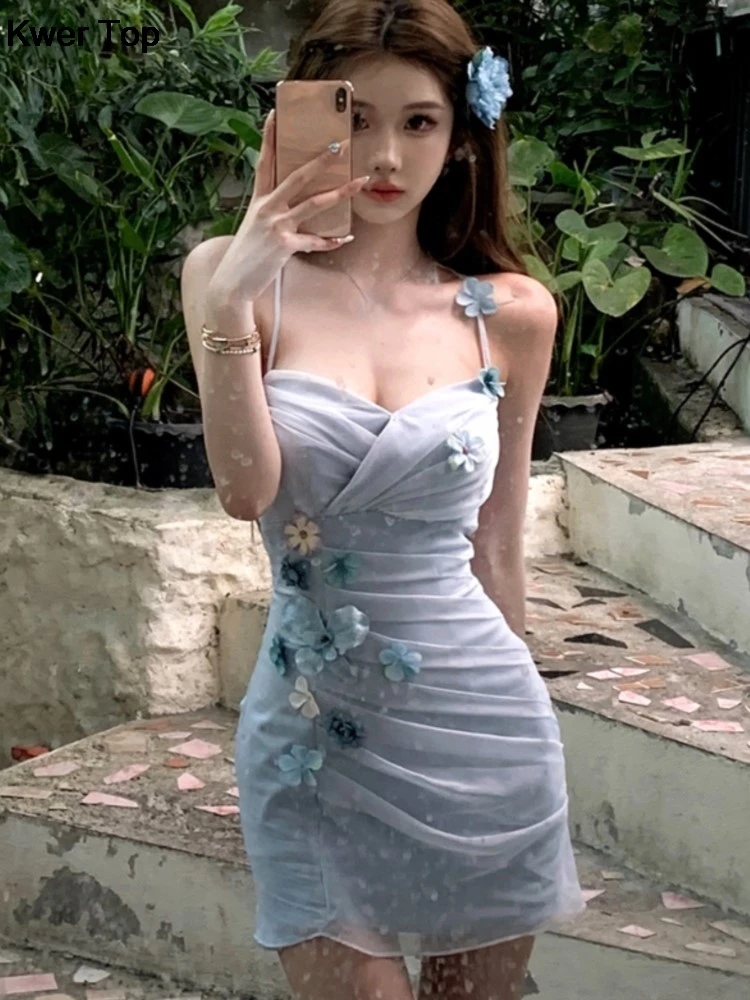 

Korean Fashion Floral Mesh Dress Women Summer Sleeveless Bodycon Holiday Party Y2K Dresses Chic One Piece Clothing Outerwear