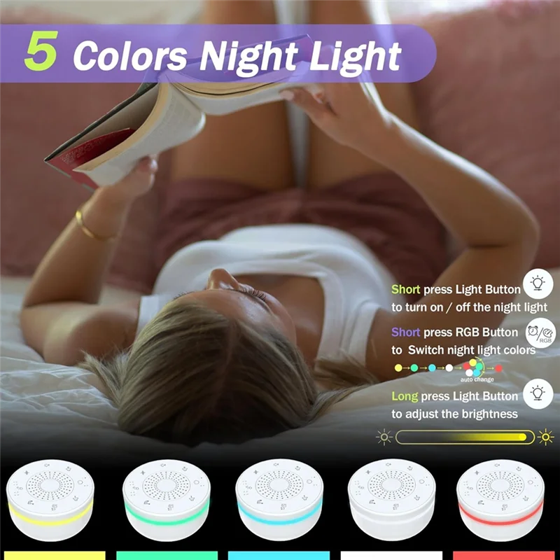 ABVH-Sleep White Noise Portable Sound Machine For Adults Kids Baby, With 30 Soothing Sounds,5 Color Night Light,3 Timer