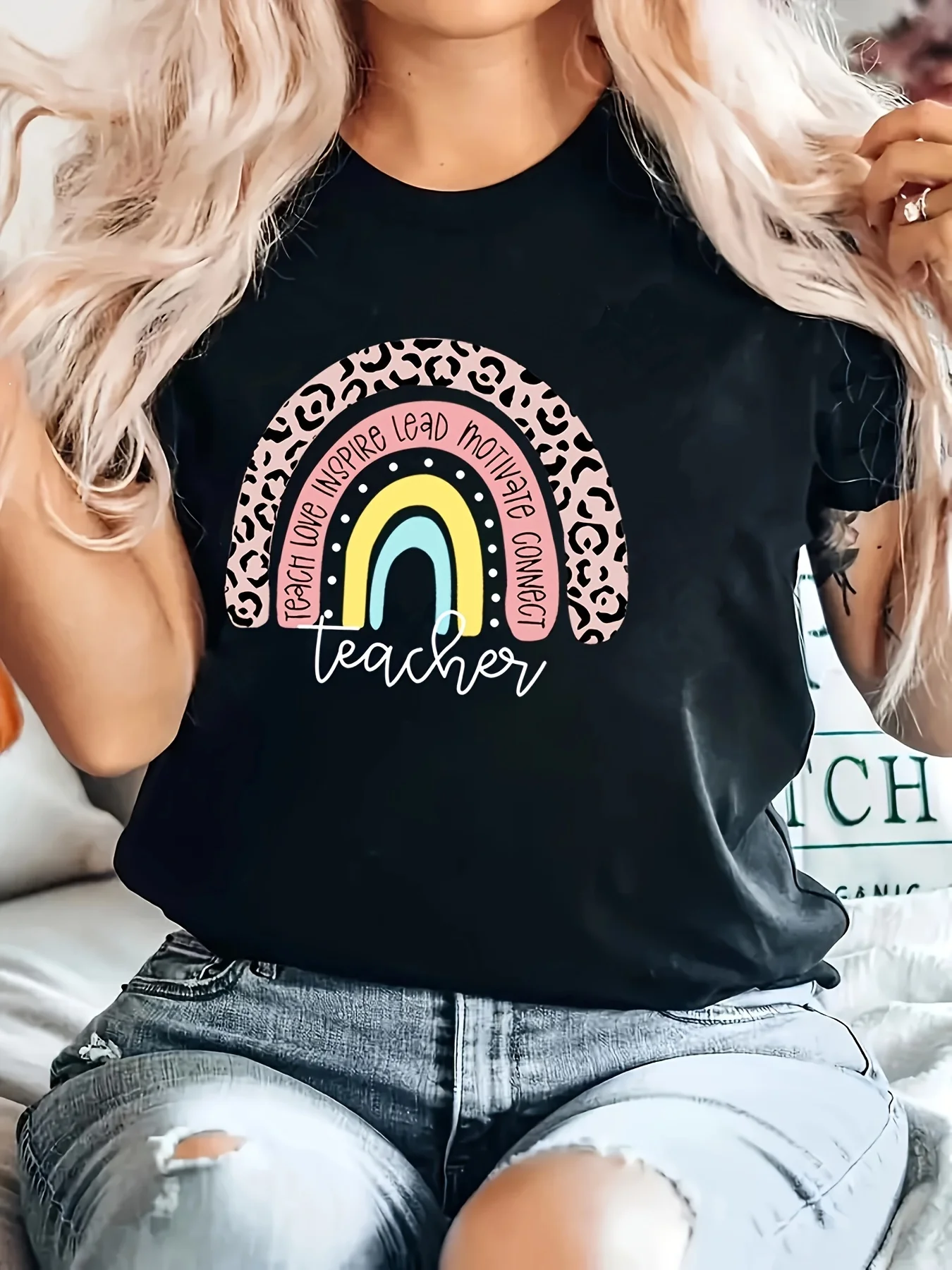 Letter & Rainbow Print T-shirt, Casual Crew Neck Short Sleeve T-shirt, Women's Clothing цена и фото