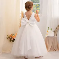 Little/Big Girls Elegant V Backless Big Bowknot Pearls Flower Girl Birthday Party Piano Show Performance Long Dress 1