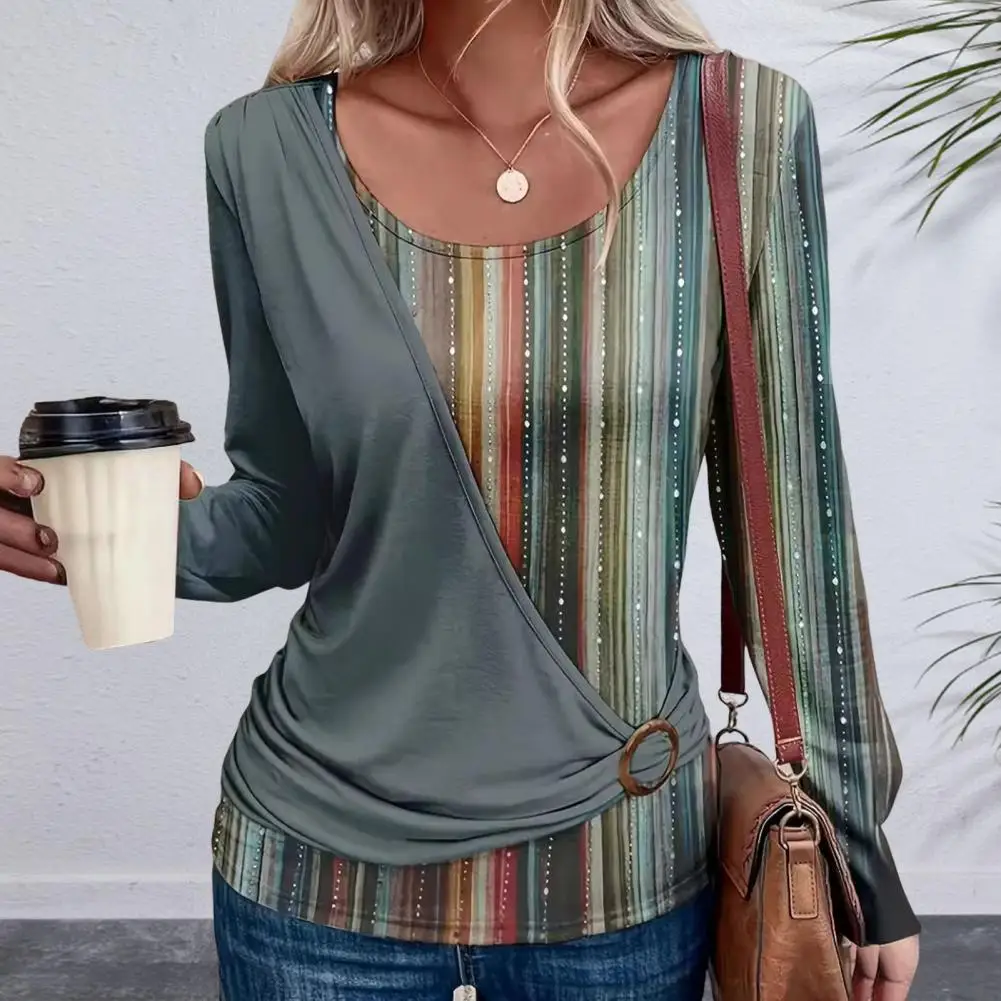 

Women T-shirt Loose Tee Women's Striped Print Splicing Top For Wear Comfortable Round Neck Long Sleeve Fashion Women Round Neck