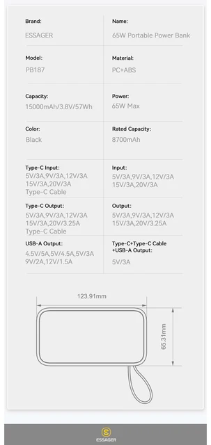 ESSAGER Power Bank 15000mAh Portable Fast Charge Powerbank 65W – AllyElite