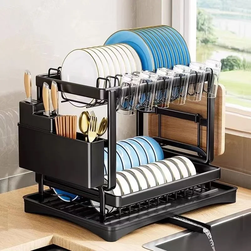 2-tier Kitchen Drain Rack Dish Storage Rack Kitchen Dish Drying with Drain Tray Countertop Tableware Storage Board