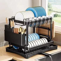 2-tier Kitchen Drain Rack Dish Storage Rack Kitchen Dish Drying Rack with Drain Tray Countertop Tableware Storage Drain Board 1
