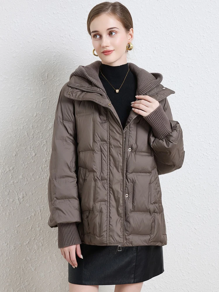 Janveny 2025 New Winter Short White Duck Down Jacket Women Casual Loose Warm Parkas Knitted Hat Detachable Puffer Down Coat