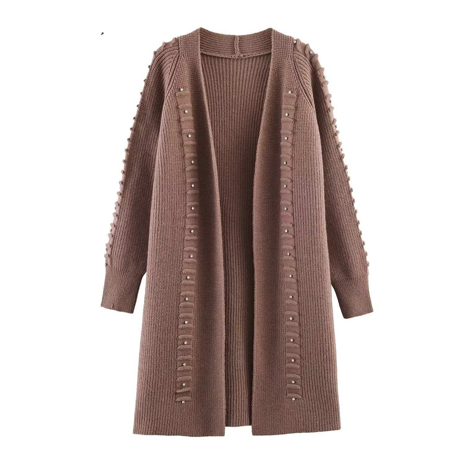HH Damen Mode Nieten-Verzierung Langarm-Strickjacken Damen Herbst Schicke Strukturierte Einfarbige 5-Farben Hochelastische Strick-Langjacke – Detail 7