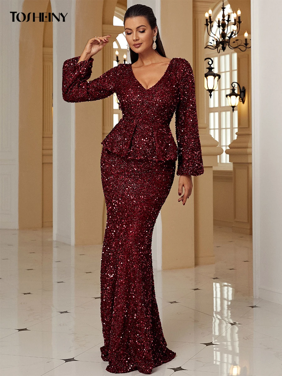 Tosheiny New Winter Long Sleeve Maxi Evening Dress Lantern Sleeve