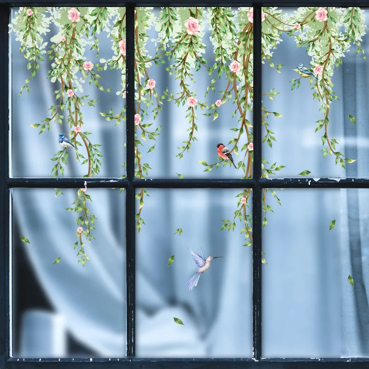 Wall and Window Stickers Branches Flowers Birds Glass Living Room Window Theme Decorative Electrostatic Mural