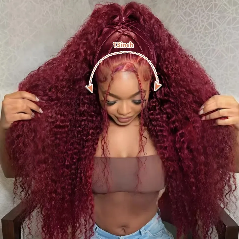 Human Hair Wig 30 40 Inch 99J Burgundy 13x6 Curly Lace Front Wig Red Wine Colored Pre Plucked Deep Wave 13x4 HD Lace Frontal
